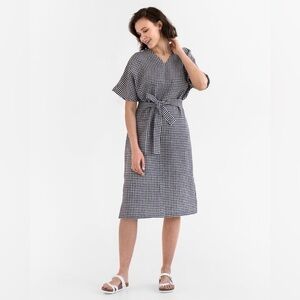 NEW Magic Linen V Neck Dress Chania Black White Gingham XS NWT